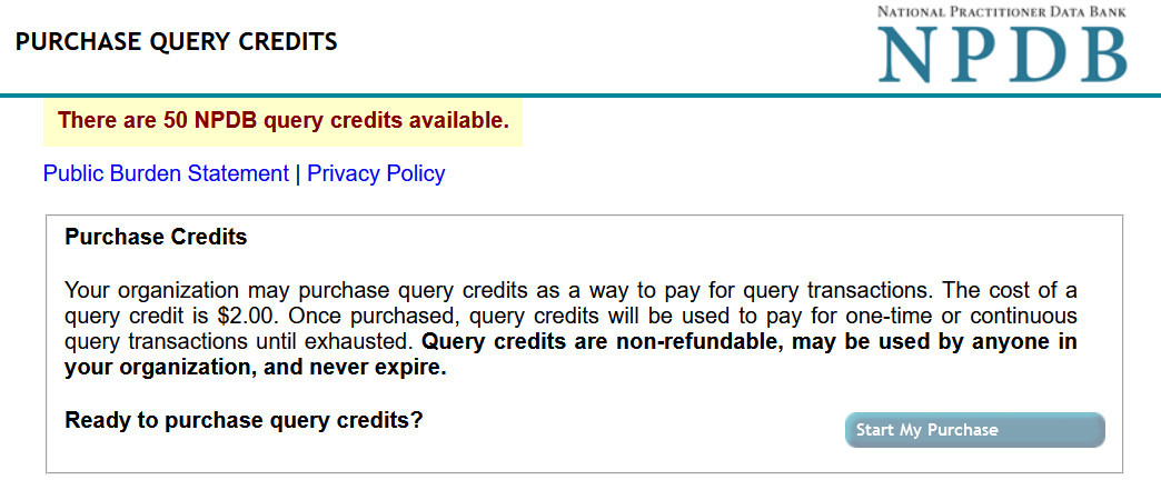 Screenshot displaying the Purchase Query Credit page which shows the total query credits