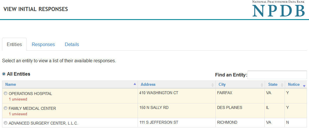 Screenshot of the initial responses page view across entities