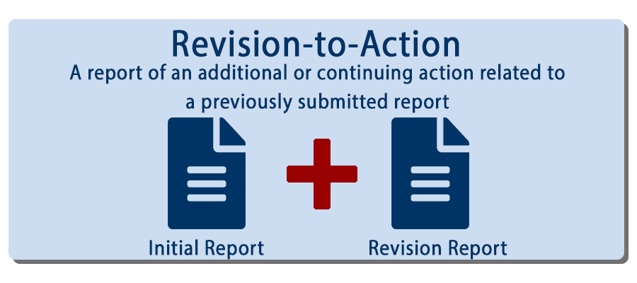 An image of report and a revision report, a subsequent action related to the inital. Revision to Action Report