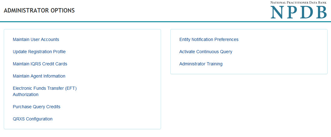 Screenshot of the Administrator Options page