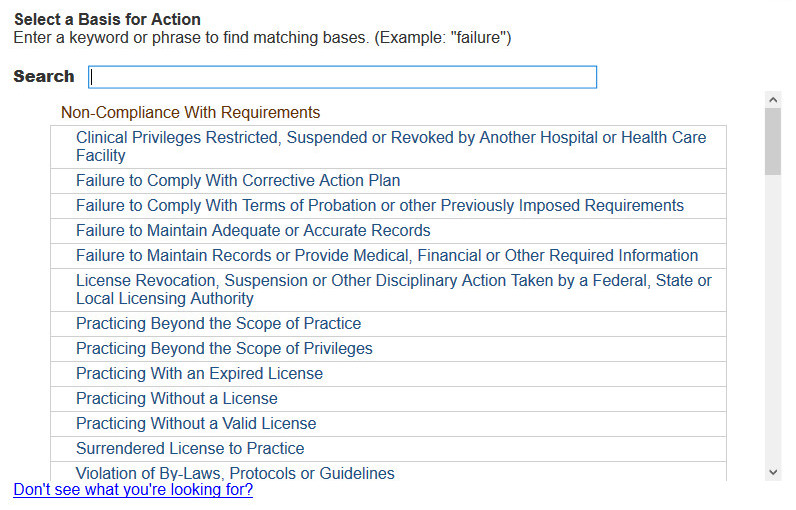 Screenshot of the Basis for action selection page. A list of actions is displayed.