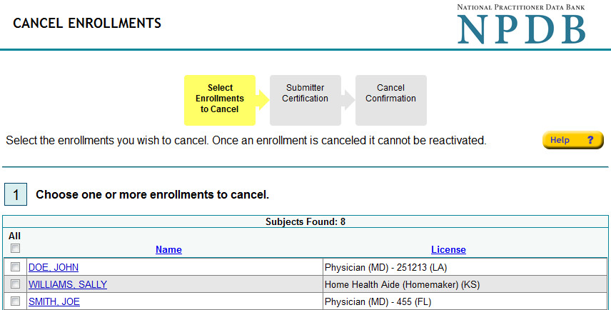 Screenshot of the Cancel Enrollments Page