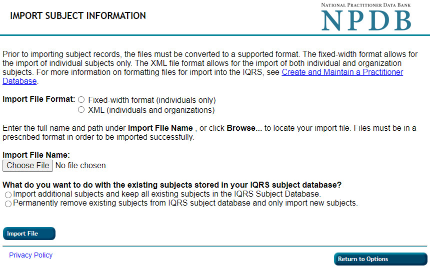 Screenshot of the Import Subject Information page