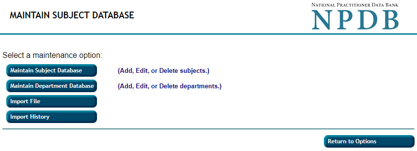 Screenshot of the Maintain Subject Database page