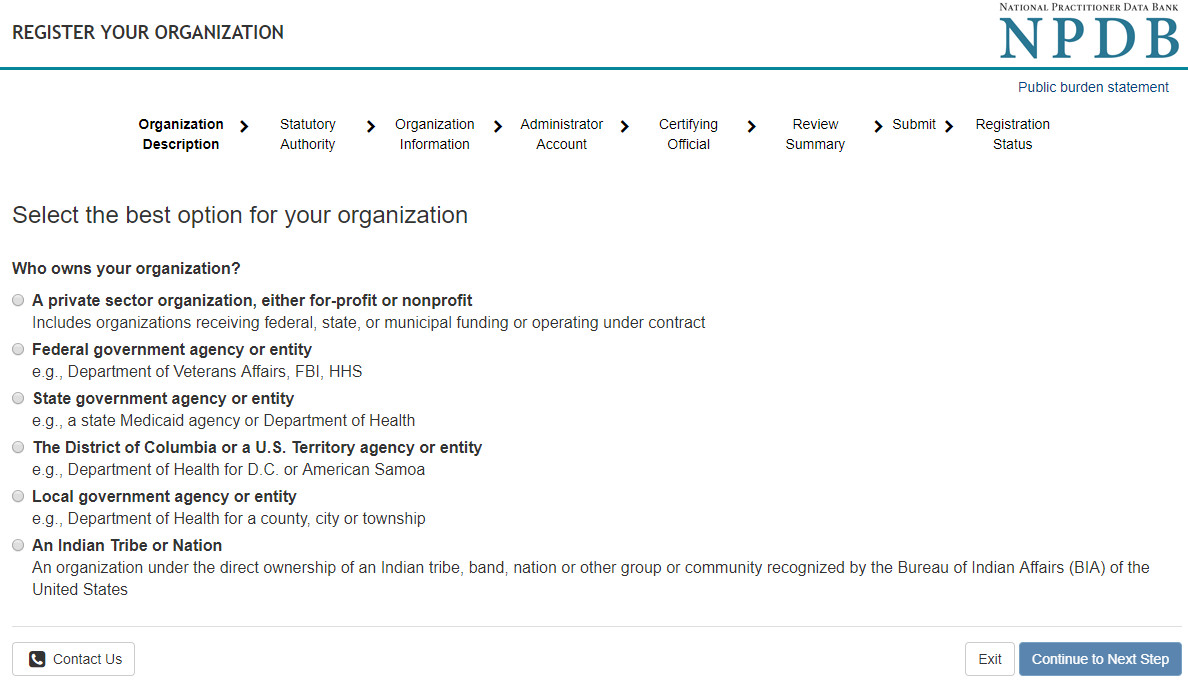 Screenshot of options for organization ownership selection.