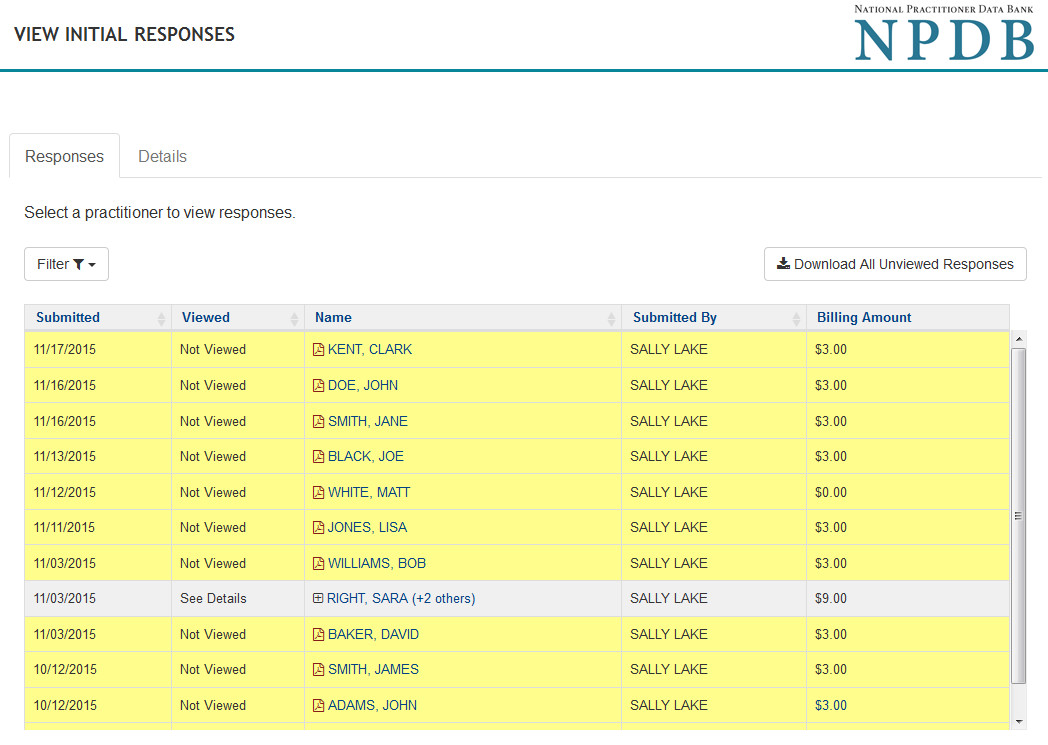 Screenshot of the View Initial Query Responses page