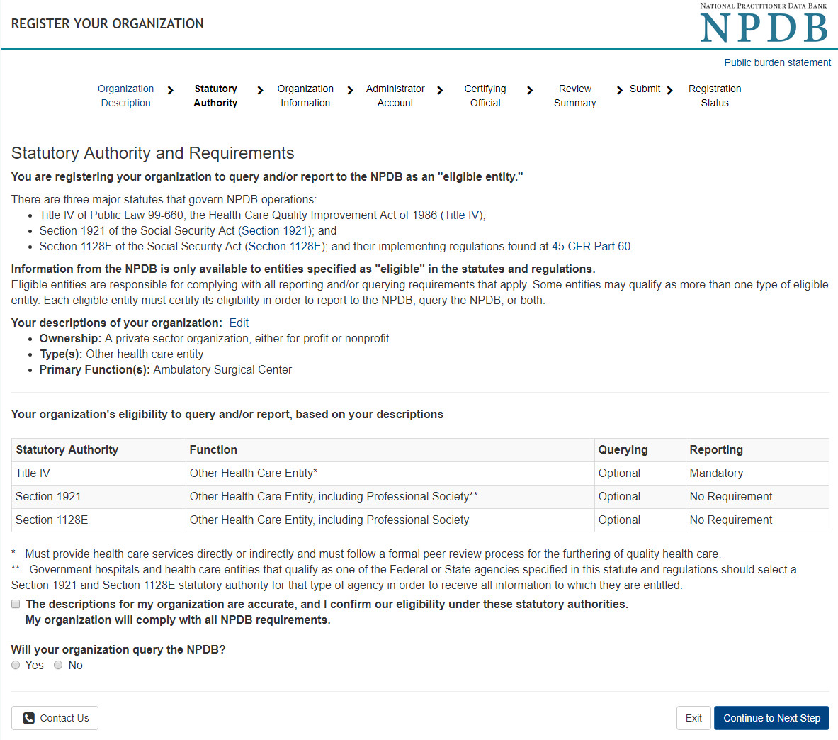 Screenshot of statutory authorities for your organization