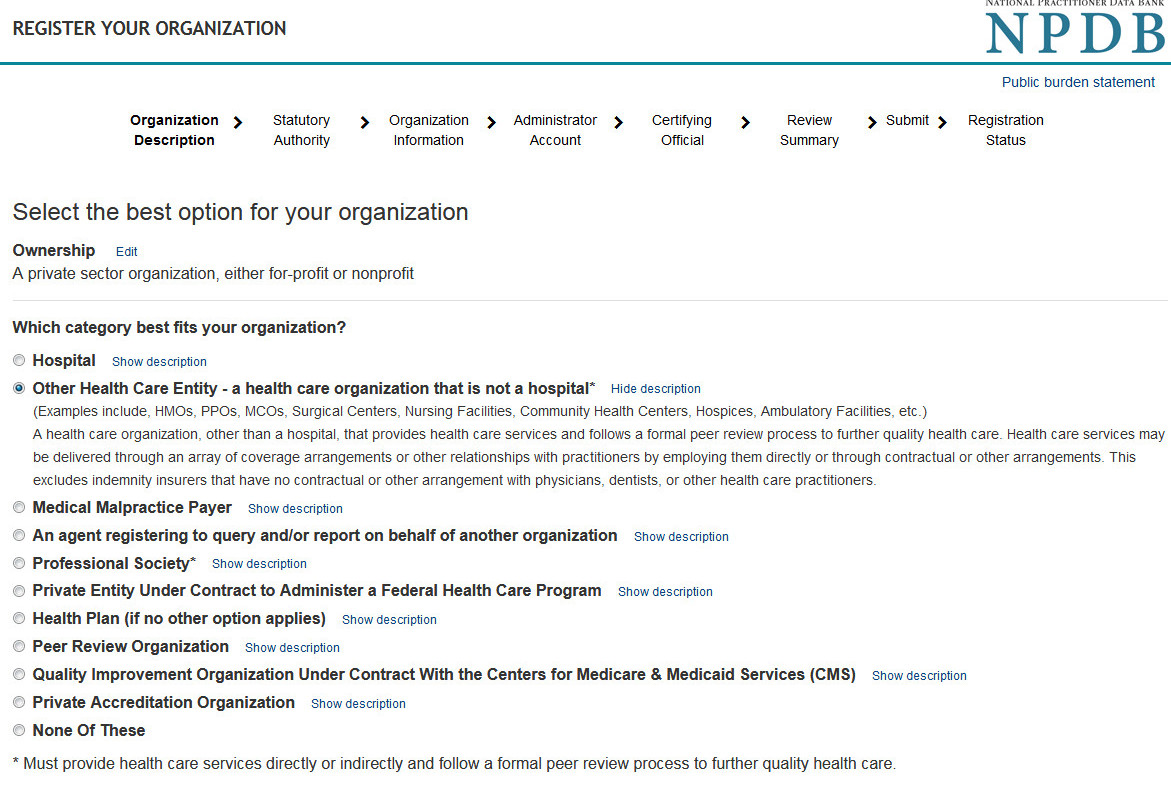 Screenshot of options that describe organizations that register with the NPDB