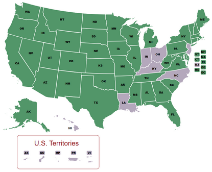 This is an image of a US Map showing the compliance status for each status. Click the image to see the status.