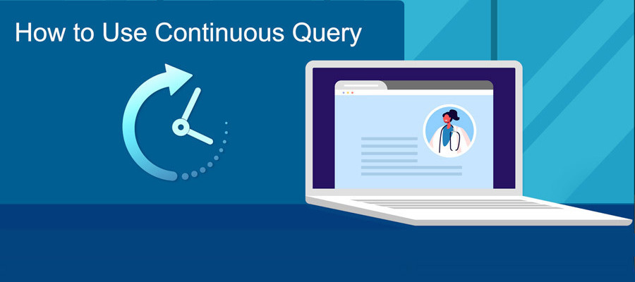 Graphic promotion of the Continuous Query Video, with a cartoon image of a laptop.