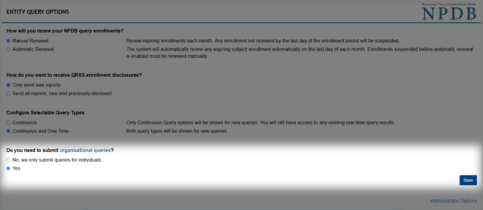 Entity Query Options Page with focus on organizational queries.