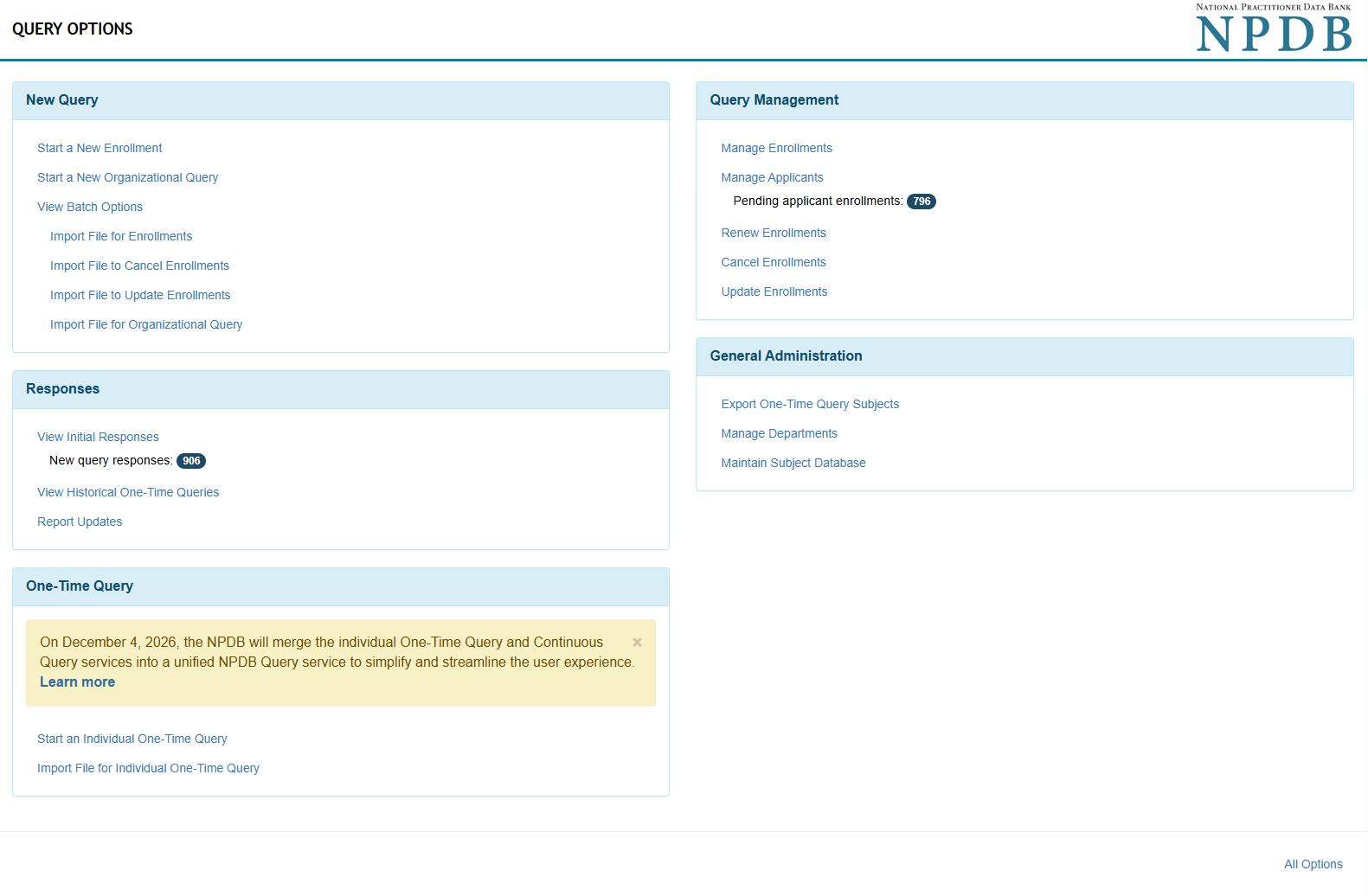 Query Options Page