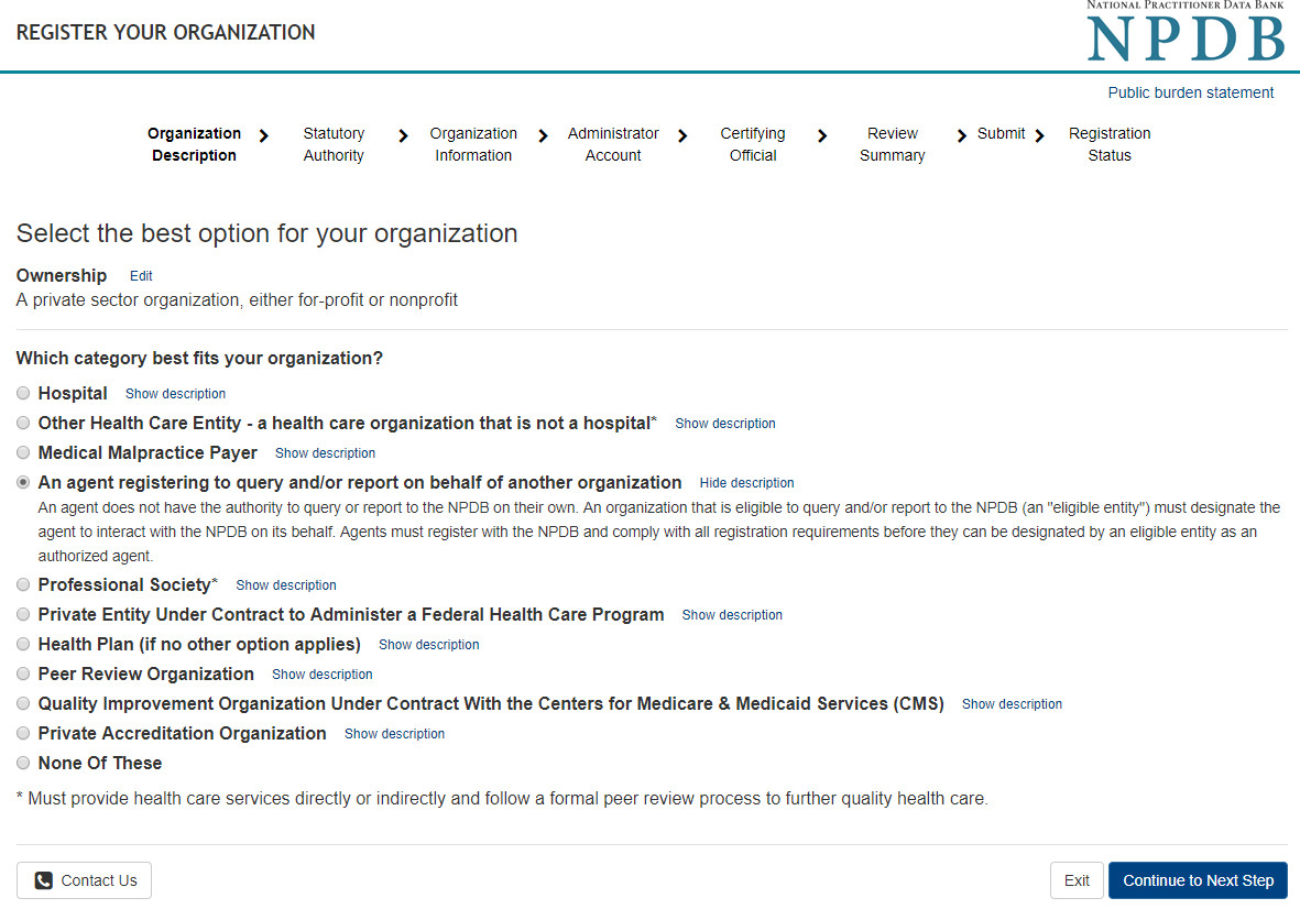 Screenshot of options that describe organizations that register with the NPDB