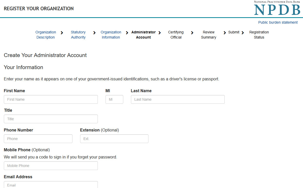 Screenshot of Administrator Account Information page