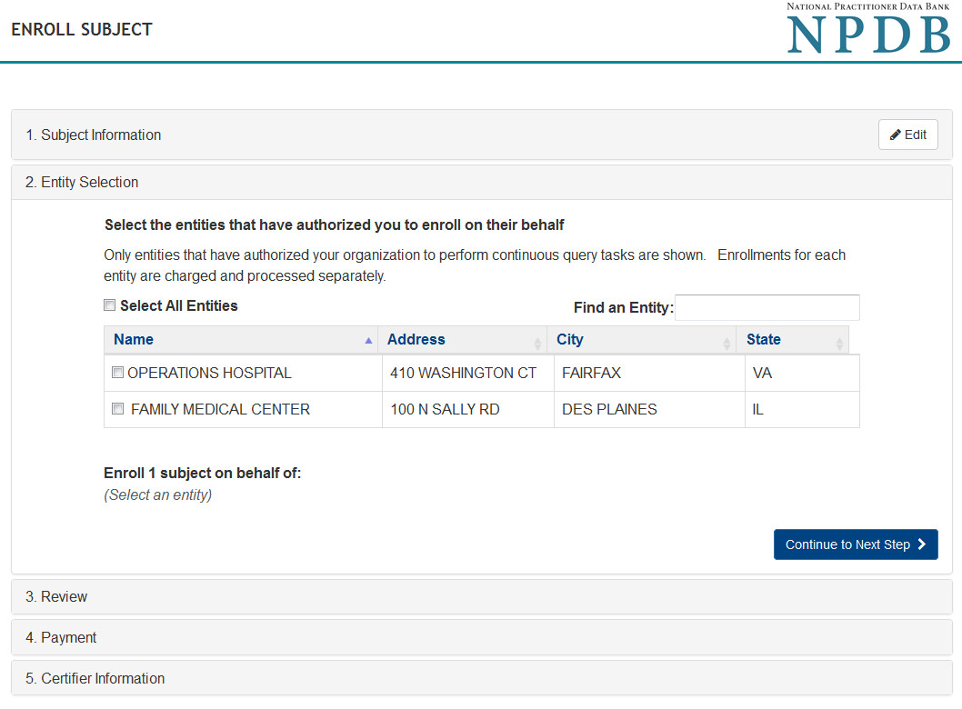 Screenshot of 2. Entity Selection Section on the Enroll Subject Page