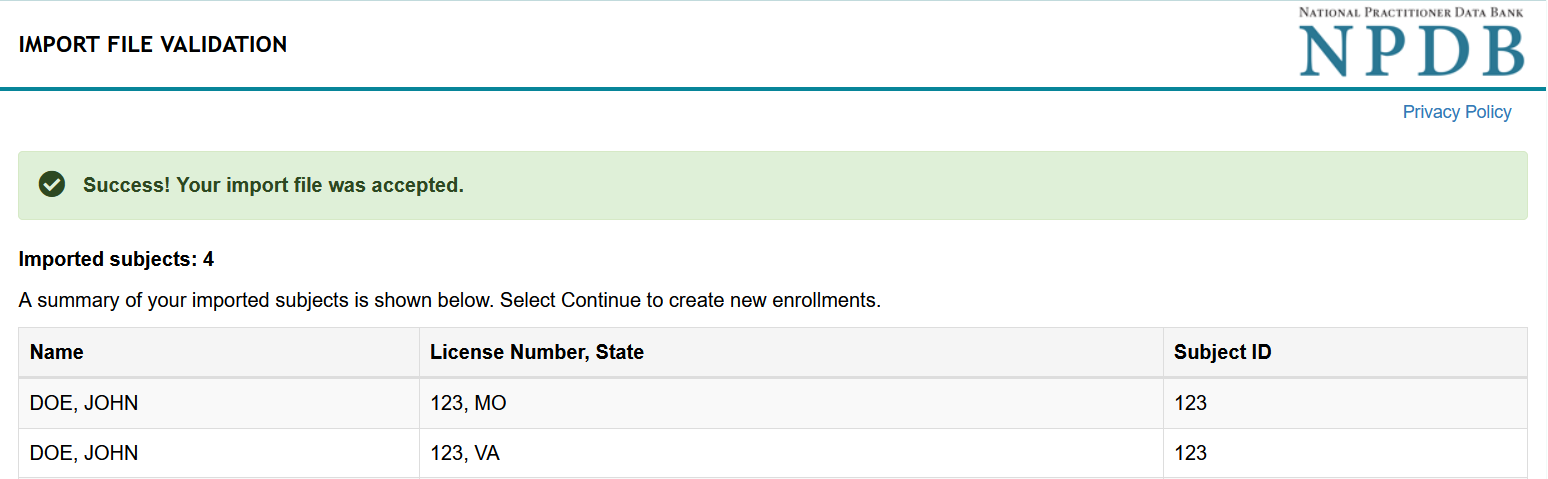 Screenshot of the Import File Validation Page