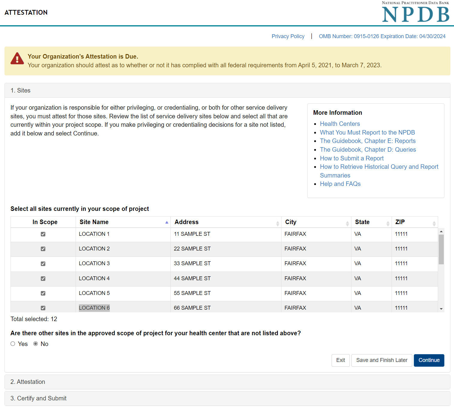 Screenshot of the health center reporting attestation page