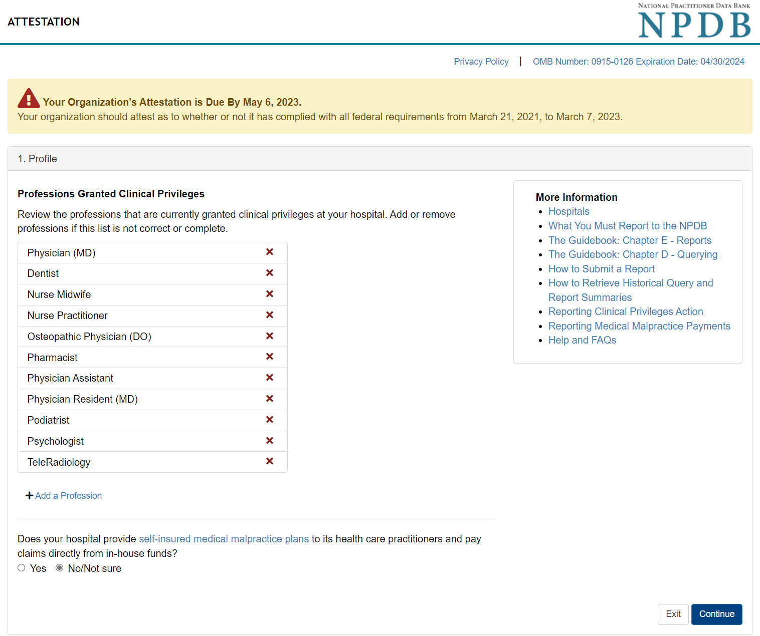 Screenshot of the hospital reporting attestation page
