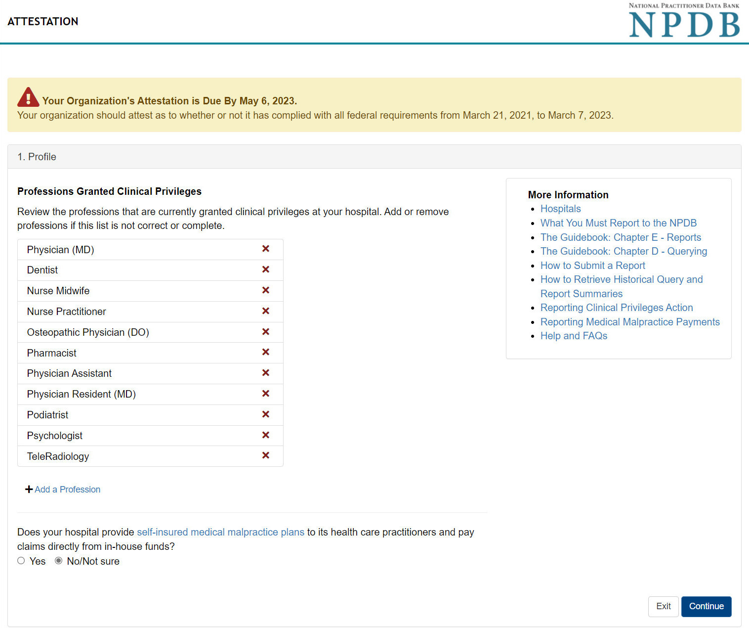 Screenshot of the hospital reporting attestation page