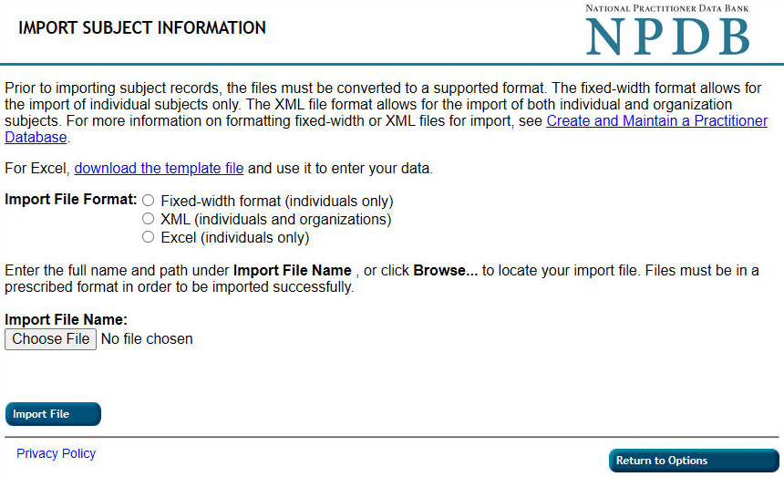 Screenshot of the Import Subject Information page