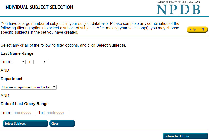Screen shot of the Individual Subject Selection page