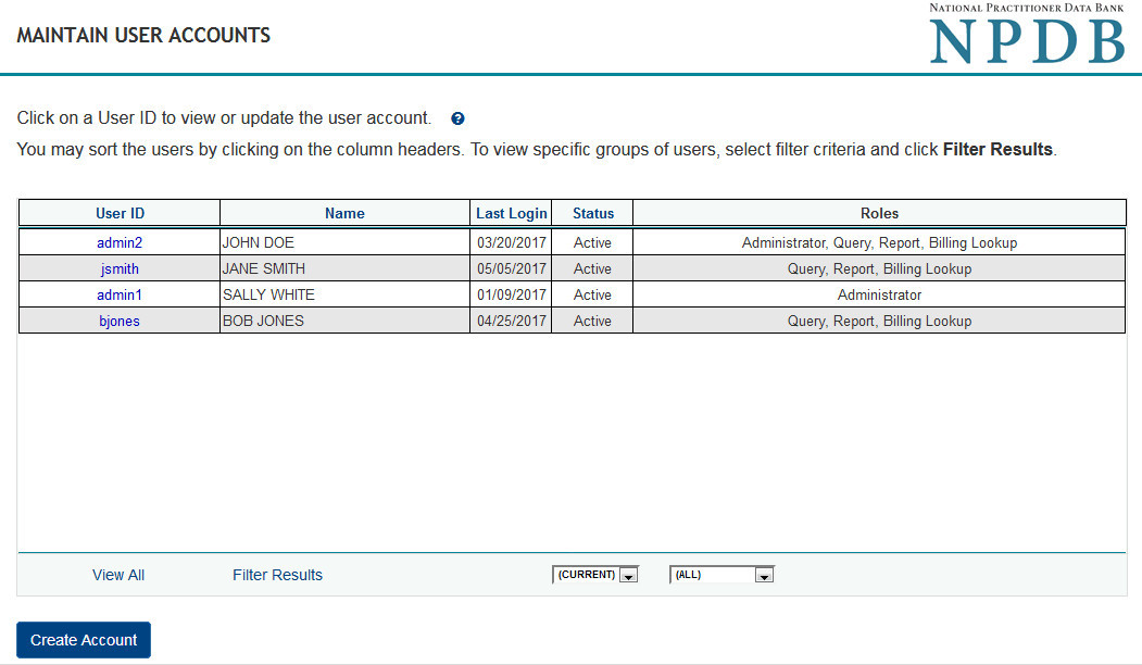 Maintain User Accounts Screenshot page