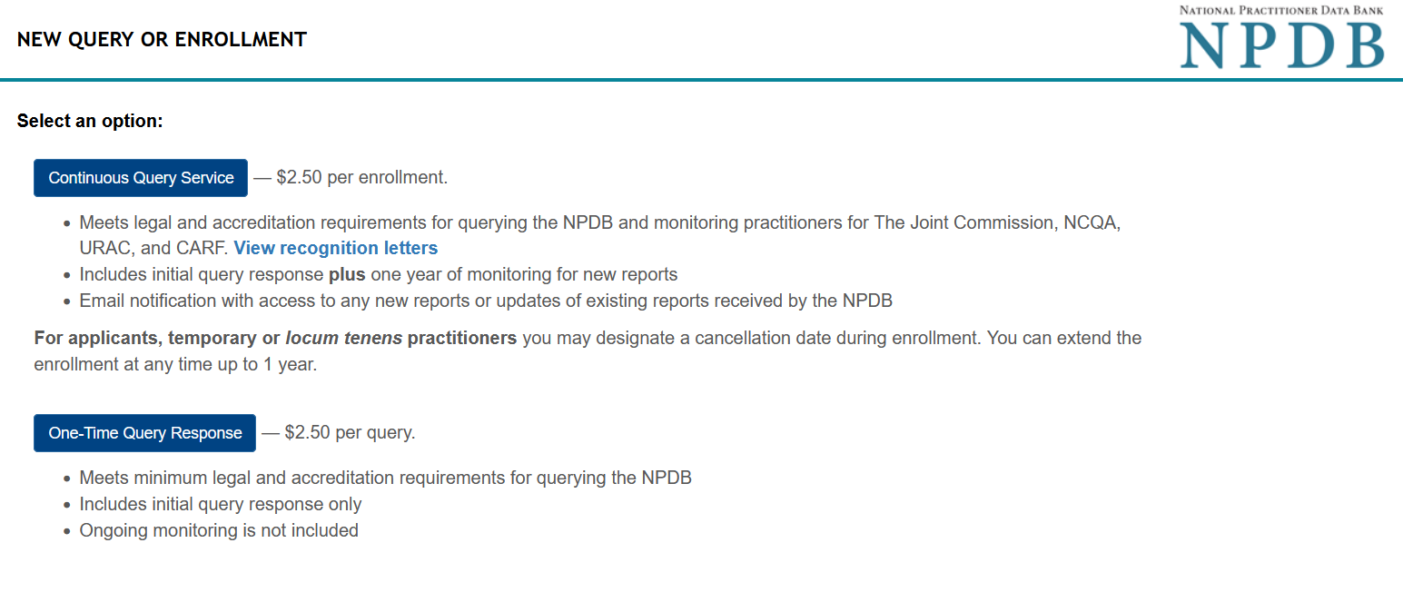 Screenshot of the New Query or Enrollment Page