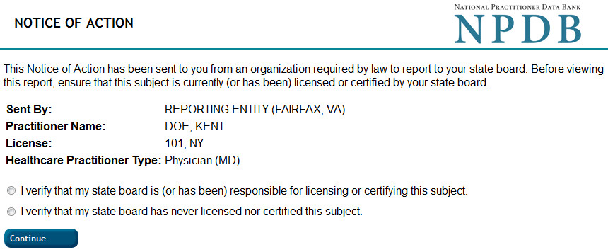 Screenshot of the Notice of Action page