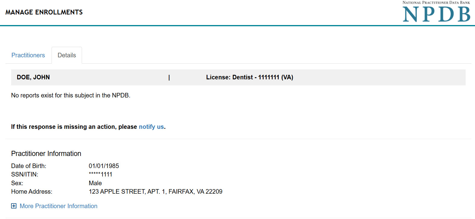 Screenshot of the Practitioner Details Tab under Manage Enrollments