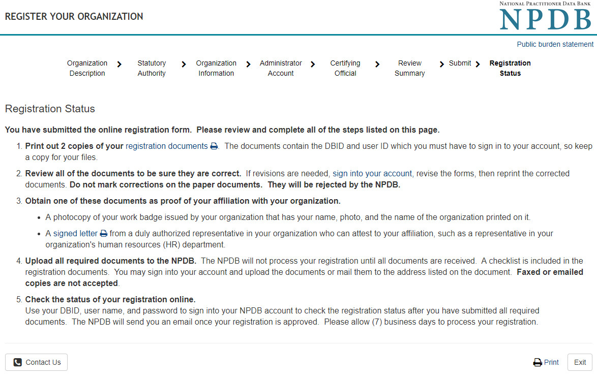 Screenshot of print registration page