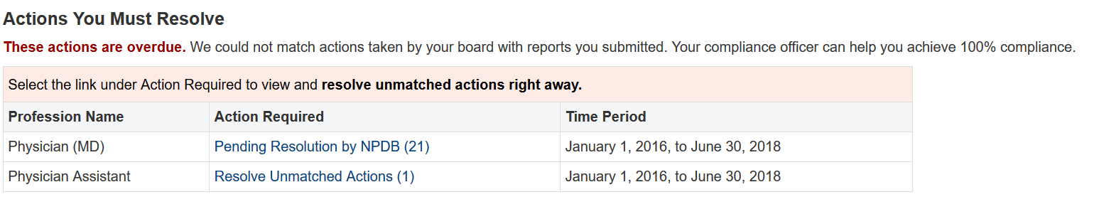 Screenshot of the List of Professions with Compliance Actions You Must Resolve