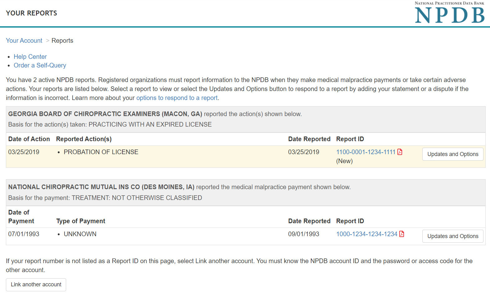 Screenshot of the Report Response Options Page